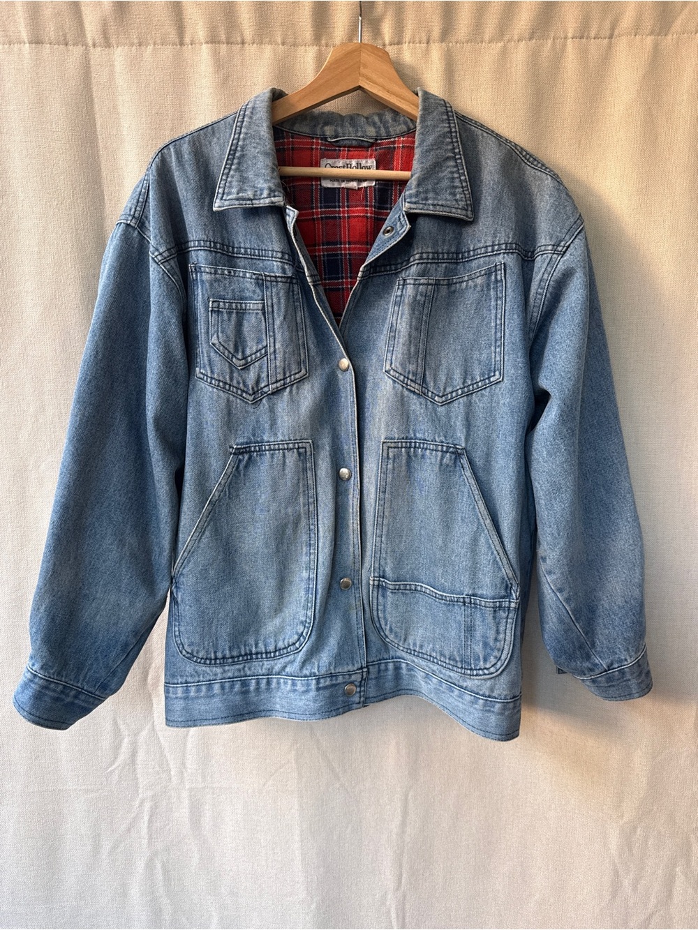 Vintage Light Blue Denim Jacket with Red Plaid Lining